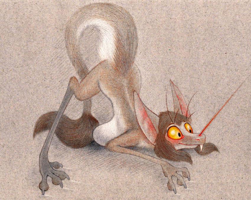 absurd_res all_fours anthro ass_up big_breasts breast_rest breasts brown_hair claws female fuchs fur hair hi_res jack-o'_pose laser_pointer long_arms long_legs mammal multicolored_body multicolored_fur nude out-of-placers pose side_boob simple_background solo tail_tuft toe_claws traditional_media_(artwork) tuft two_tone_body two_tone_fur webcomic yellow_eyes yinglet