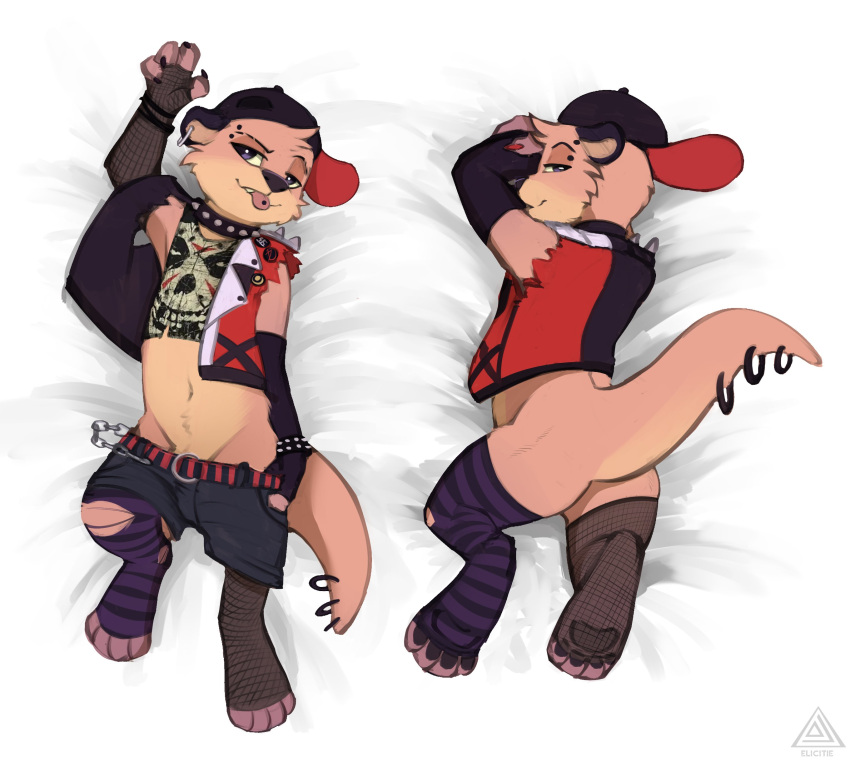 absurd_res bottomwear chester_the_otter clothing dakimakura_design ear_piercing elicitie eyebrow_piercing facial_piercing furgonomics furry-specific_piercing hat headgear headwear hi_res lutrine male mammal mustelid piercing shorts tail_piercing tongue tongue_out tongue_piercing