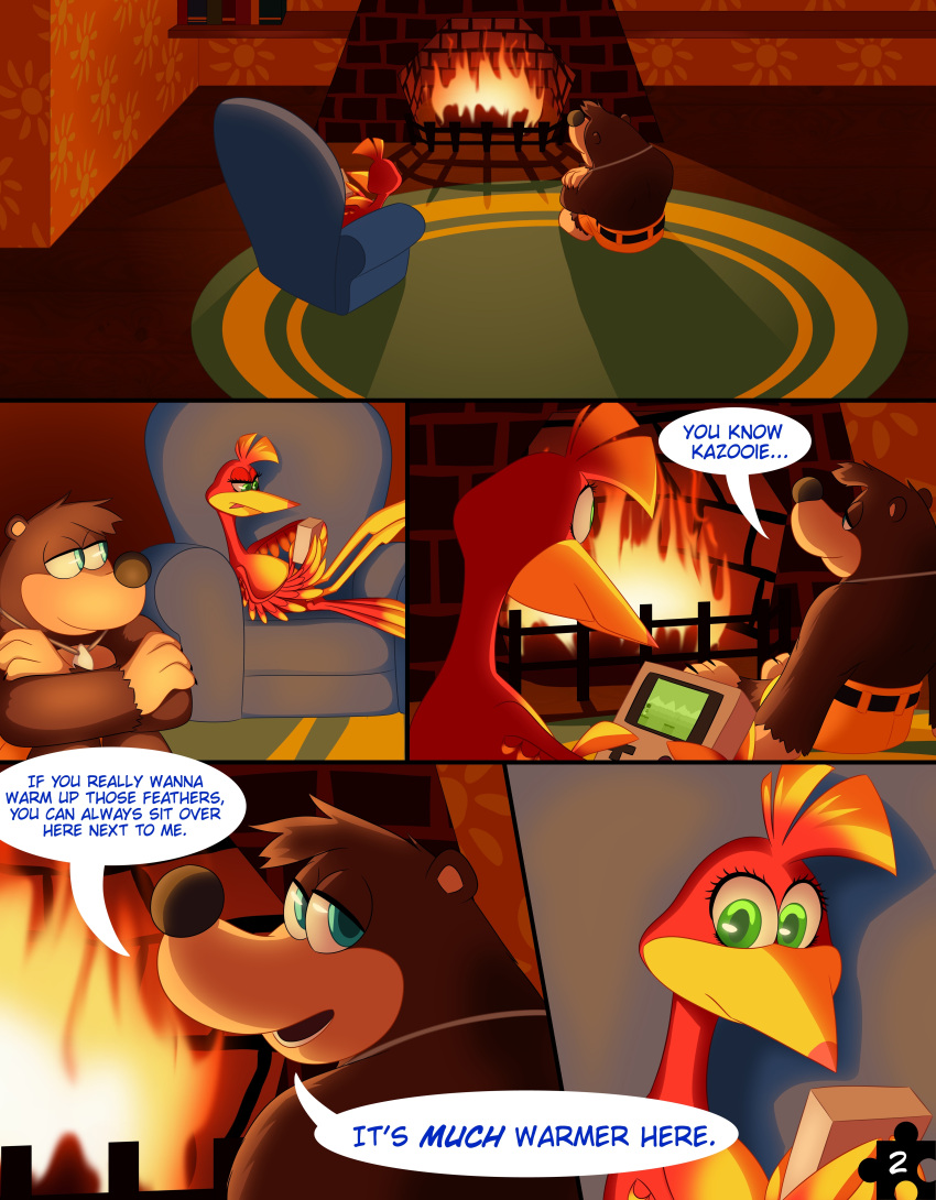 2021 absurd_res anthro avian banjo-kazooie banjo_(banjo-kazooie) barefoot belt bird black_nose blue_eyes bottomwear breegull brown_body brown_fur clothed clothing comic crossed_arms dialogue digital_media_(artwork) duo english_text eye_contact eyelashes feathers feet female fire fireplace fur game_boy game_boy_family gaming green_eyes head_tuft hi_res inviting jewelry kazooie looking_at_another looking_back looking_back_at_another male male/female mammal necklace nintendo number page_number pants playing_videogame rareware red_body red_feathers sitting skeletonguys-and-ragdolls smile speech_bubble text topless topless_male tuft ursid video_games yellow_body yellow_bottomwear yellow_clothing yellow_feathers yellow_pants