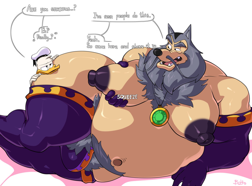 anatid anseriform anthro armwear avian beard belly big_belly big_moobs big_nipples bird bobthetanuki body_hair bulge canid canine canis chest_hair clothed clothing dialogue disney donald_duck duck duo english_text facial_hair grey_hair hair hi_res huge_thighs hyper hyper_belly hyper_thighs jewelry lying male male/male mammal mature_anthro mature_male merlock moob_grab navel necklace nipples obese obese_anthro obese_male on_side overweight overweight_anthro overweight_male pubes purple_armwear purple_clothing purple_thigh_highs size_difference text thick_thighs topless wolf