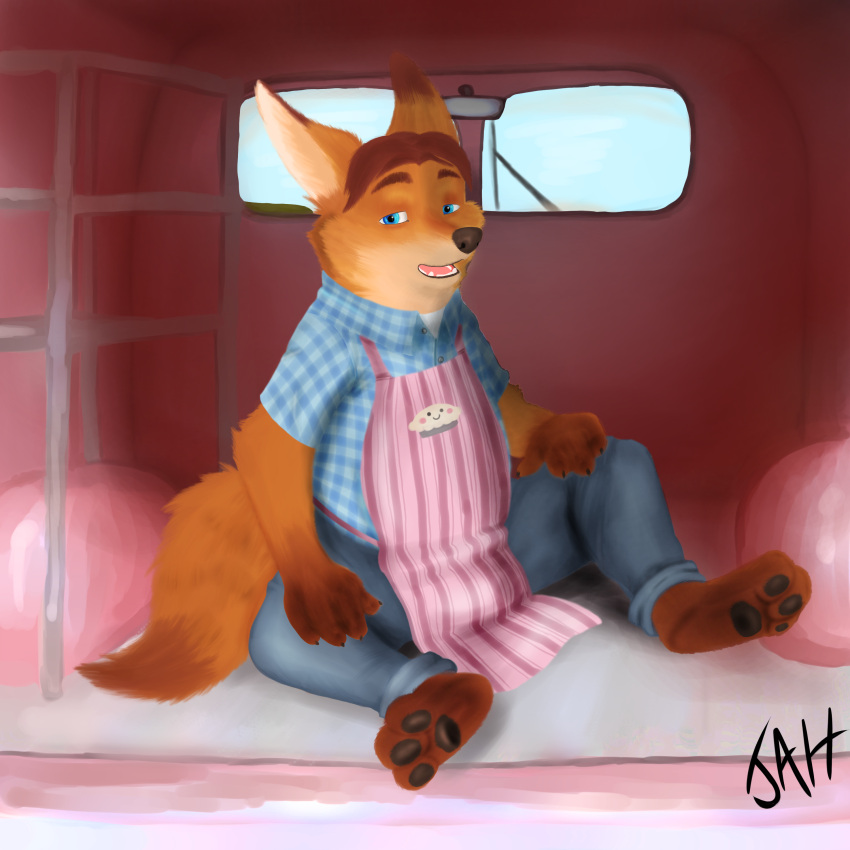 1:1 2016 absurd_res anthro apron belly black_nose blue_eyes bottomwear canid canine car clothing detailed_background disney fox gideon_grey hi_res inside_car jah male mammal pants shirt sitting slightly_chubby solo topwear vehicle zootopia