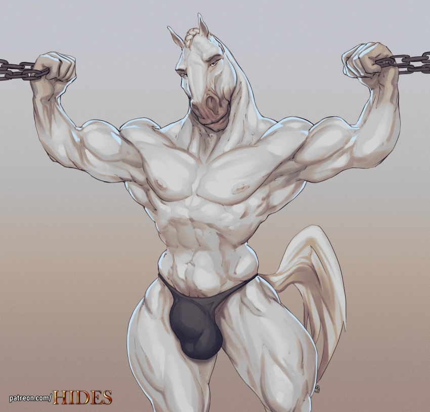 2021 abs anthro balls_outline barazoku biceps big_bulge big_muscles bulge chain clothing digital_media_(artwork) equid equine exercise front_view genital_outline grey_background hi_res horse laser_(artist) looking_at_viewer male mammal muscular muscular_anthro muscular_male navel nipples obliques pecs quads shaded simple_background solo standing text thong underwear url workout