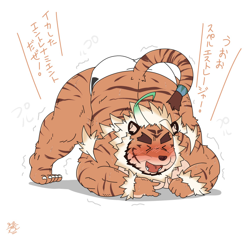 2021 absurd_res anthro blush butt clothing eyes_closed felid gantogan1216 hi_res hombretigre jack-o'_pose japanese_text kemono male mammal overweight overweight_male pantherine pose solo text tiger tokyo_afterschool_summoners underwear video_games