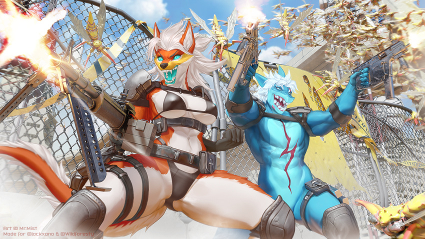 16:9 2021 5_fingers anthro areola breasts clothed clothing day detailed_background digital_media_(artwork) duo female fingers fish gun hi_res holding_gun holding_object holding_weapon julius_sanegawa_(wildforesty) male marine mr._mist nipples open_mouth outside ranged_weapon shark sky smile teeth tongue weapon widescreen