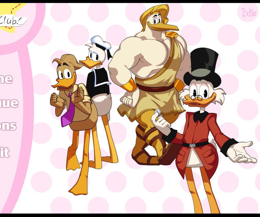 absurd_res anatid anseriform anthro avian beak bird black_bars black_clothing black_topwear blonde_hair bobthetanuki brown_body brown_feathers clothed clothing disney doki_doki_literature_club! donald_duck duck ducktales eyewear feathers fenton_crackshell glasses group hair hat headgear headwear hi_res letterbox male muscular muscular_anthro muscular_male necktie partially_clothed red_clothing red_topwear scrooge_mcduck storkules topwear video_games visual_novel white_body white_feathers