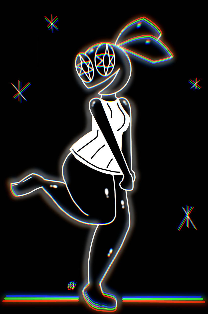 absurd_res anthro black_background breasts clothed clothing digital_media_(artwork) dress_shirt eocvevo female glistening glistening_body hi_res lagomorph leporid long_ears looking_at_viewer mammal monochrome open_mouth partially_clothed pose rabbit shirt simple_background smile solo star thick_thighs topwear vib-ribbon vibri video_games white_body wide_hips