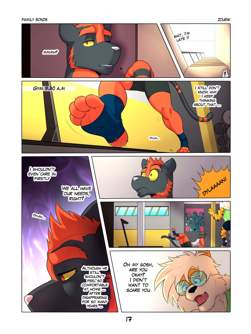 ! 2021 3:4 absurd_res anthro anthrofied arcanine bottomwear clothed clothing comic dialogue duo dylan_(zourik) english_text exercise eyewear falling footwear glasses gym hi_res humor inside leo_(zourik) male narrowed_eyes nintendo number one_eye_closed pok&eacute;mon pok&eacute;mon_(species) pok&eacute;morph running shirt shorts socks surprise tank_top text thoughts toeless_footwear toeless_socks topwear torracat treadmill vein video_games waking_up wide_eyed workout zourik