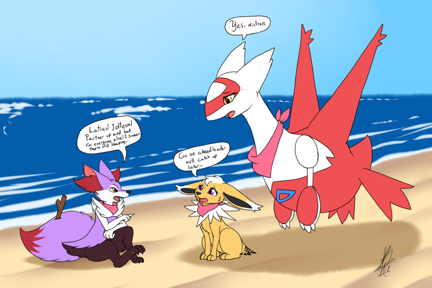 3:2 anthro beach braixen daylight dialogue eeveelution english_text female feral fur group hi_res jolteon latias legendary_pok&eacute;mon nintendo open_mouth pok&eacute;mon pok&eacute;mon_(species) purple_body purple_eyes red_eyes sand scarf sea seaside shadow shikaro sitting sky speech_bubble sunny text video_games water white_body yellow_body yellow_fur