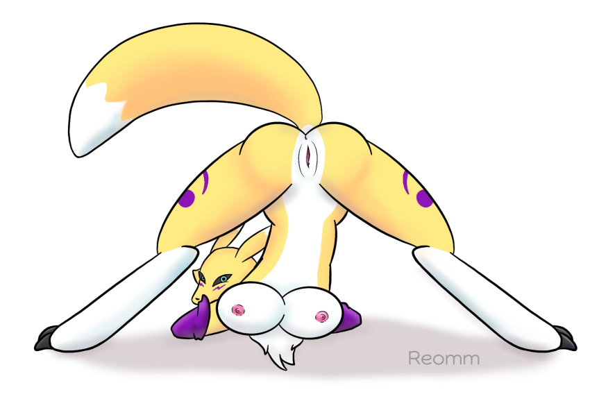 anthro anus bandai_namco butt canid canine digimon digimon_(species) female fox_tail genitals hi_res jack-o'_pose long_tail mammal nipples nude pose pussy renamon reomm sex solo thick_thighs yellow_body