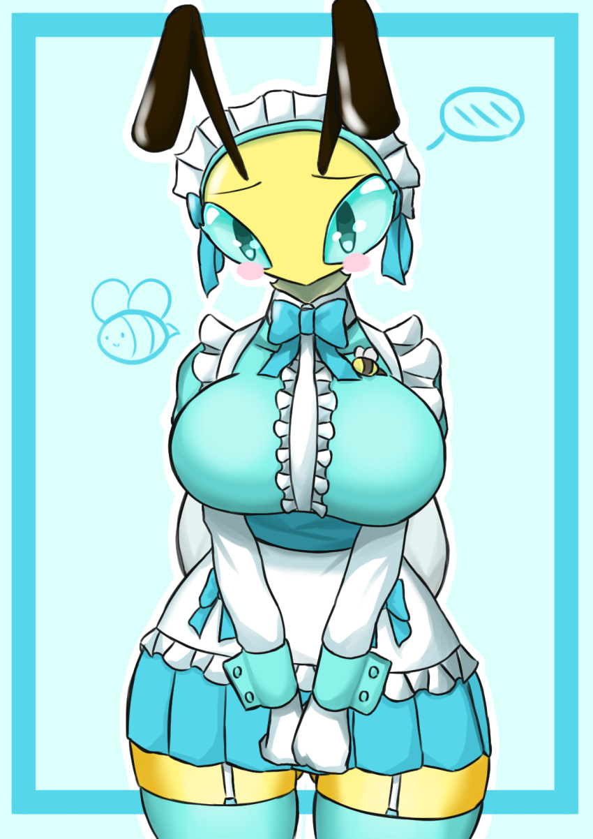antennae_(anatomy) anthro arthropod bee big_breasts big_butt blush blush_stickers bow_tie breasts butt butt_from_the_front clothed clothing curvy_figure embarrassed eyebrows female hi_res hymenopteran insect insect_wings legwear maid_headdress maid_uniform melobee simple_background solo stockings thick_thighs thigh_highs uniform voluptuous wide_hips wide_thighs wings woebeeme