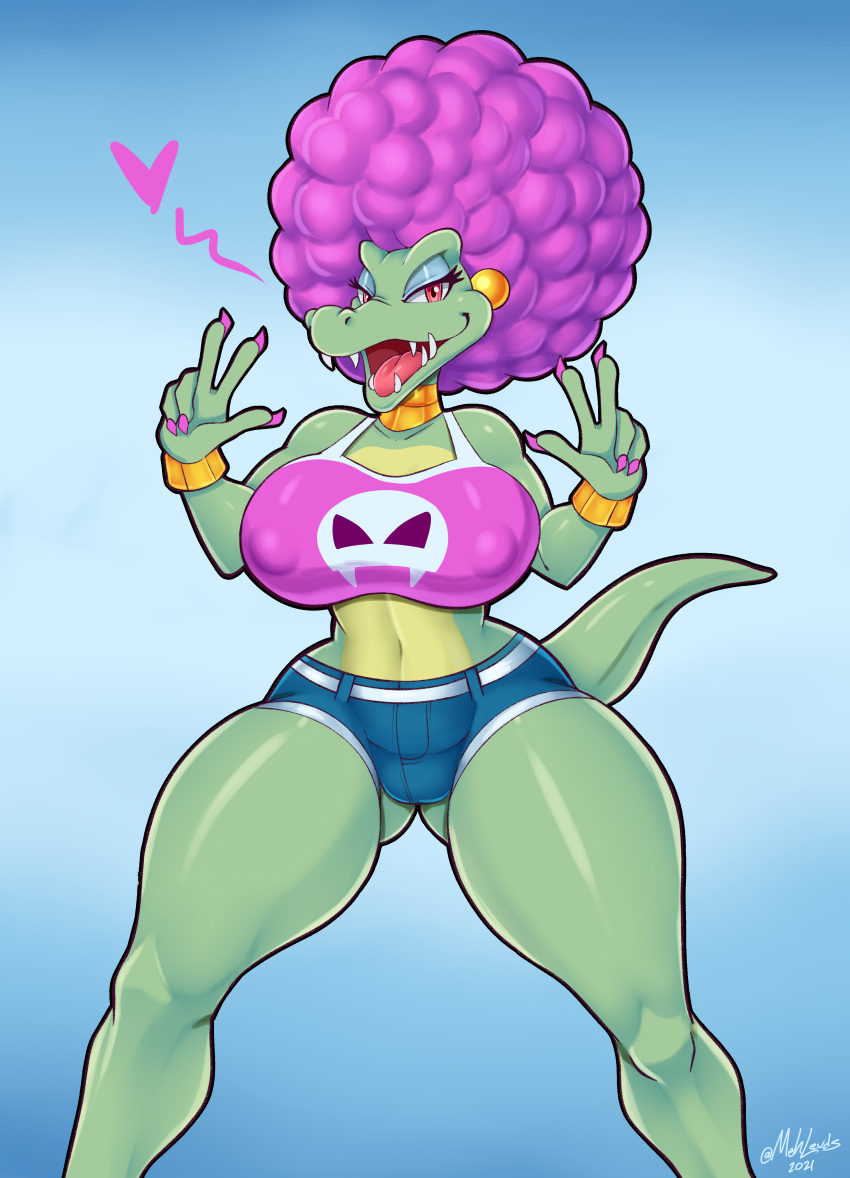 2021 5_fingers absurd_res afro anthro breasts claws clothed clothing colored_nails donkey_kong_(series) double_v_sign female finger_claws fingers gesture gradient_background hair hi_res kalypso kremling looking_at_viewer mehdrawings nails nintendo nipple_outline non-mammal_breasts open_mouth pink_hair scalie signature simple_background solo v_sign video_games