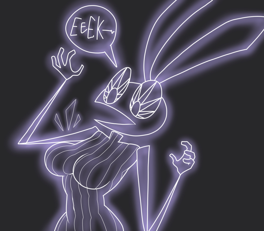anthro black_background breast_expansion breasts clothed clothing dialogue digital_media_(artwork) dress_shirt english_text expansion female hi_res lagomorph leporid long_ears mammal monochrome open_mouth purple_light rabbit shirt simple_background solo speech_bubble surprised_expression text topwear vib-ribbon vibri video_games voideyedpanda white_body wide_hips