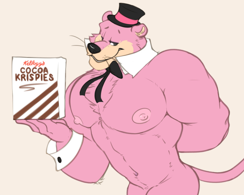2021 5:4 abs anthro big_muscles bow_tie box cereal clothing container cougar felid feline food fur hand_behind_back hanna-barbera hat headgear headwear hi_res holding_box holding_object kellogg's male mammal mosin muscular muscular_anthro muscular_male narrowed_eyes navel nipples nude pecs pink_body pink_fur simple_background smile snagglepuss snagglepuss_(series) solo top_hat tuft whiskers white_background