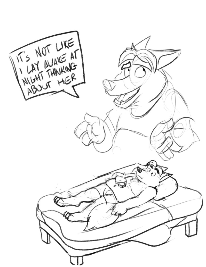 2016 anthro baron_puddin_paws bed canid canine clothing disney english_text fox furniture gideon_grey gravity_falls hi_res lying male mammal monochrome parody pillow slightly_chubby solo text underwear zootopia