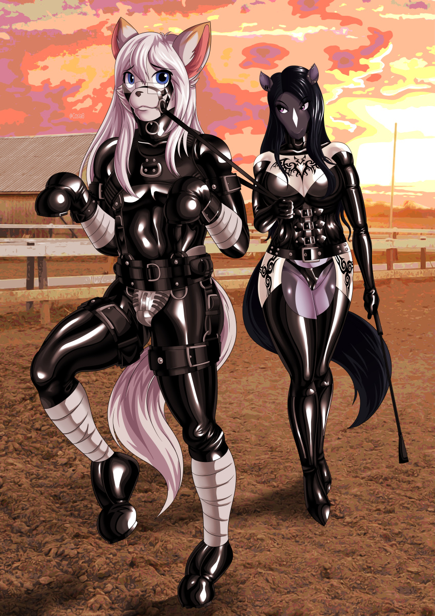 absurd_res anthro balder_(phoenix0310) bdsm bit_gag black_hair boots bridle camila_(cosia) canid canine canis chastity_belt chastity_device clothing collar cosia digital_media_(artwork) dominant dominant_female duo ear_piercing ear_ring equid equine eyewear female footwear fur gag glasses gloves hair handwear harness hi_res hoof_boots hoof_gloves horse industrial_piercing latex_gloves male male/female mammal petplay piercing ponyplay riding_crop roleplay rubber rubber_suit shaded submissive submissive_male tattoo training whip white_body white_fur white_hair wolf