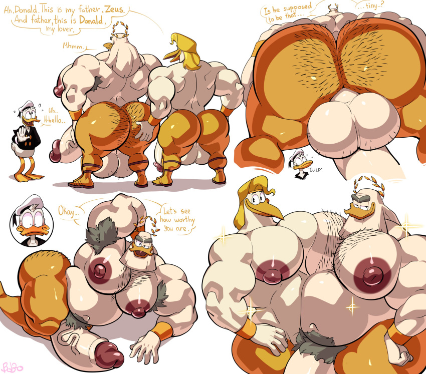 absurd_res anatid anseriform anthro armpit_hair avian balls beak big_balls big_butt big_muscles big_nipples big_pecs big_penis bird blonde_hair bobthetanuki body_hair butt butt_grab butt_hair chest_hair dialogue disney donald_duck duck ducktales ducktales_(2017) english_text father father_and_child father_and_son feathers genitals group hair hand_on_butt hi_res huge_balls huge_butt huge_muscles huge_penis hyper hyper_balls hyper_genitalia hyper_penis lying male male/male muscular muscular_anthro muscular_male navel nipples nude on_side parent parent_and_child pecs penis pubes simple_background son storkules text white_background white_body white_feathers zeus_(ducktales)