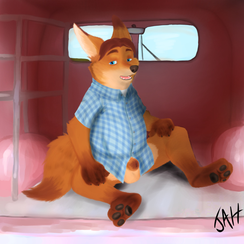 1:1 2016 absurd_res anthro balls belly black_nose blue_eyes canid canine car clothing detailed_background disney fox genitals gideon_grey hi_res inside_car jah male mammal penis shirt sitting slightly_chubby solo topwear vehicle zootopia