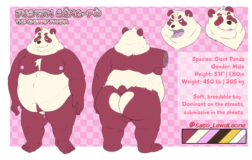 2021 absurd_res anthro belly black_nose butt english_text eyes_closed genitals giant_panda hi_res male mammal micropenis model_sheet moobs nipples overweight overweight_male penis sato_afroleone small_penis solo text ursid