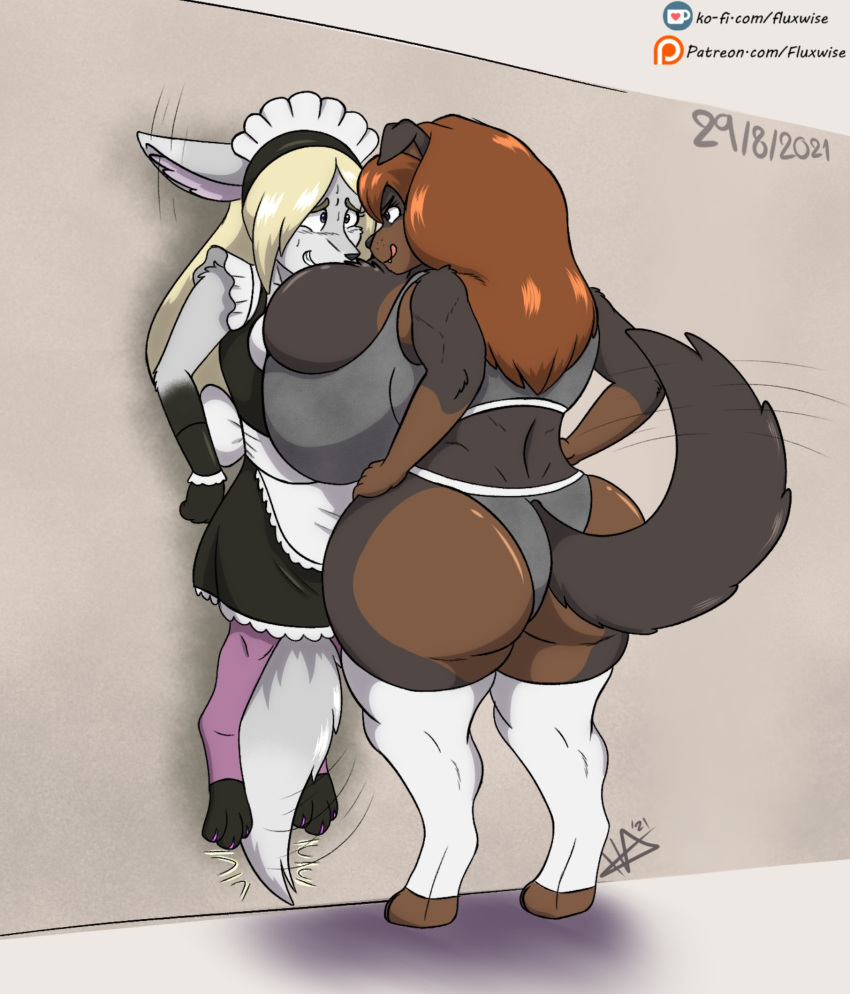 2021 against_surface against_wall anthro big_breasts big_butt blonde_hair breast_squish breasts brown_hair butt canid canine canis clothing domestic_dog dominant dominant_female duo female female/female fluxwise hair hi_res holding_character huge_breasts legwear lexi_(lexirara) maid_uniform mammal mastiff molosser rottweiler roz_(rosstherottie) scared short_stack smile squish standing stockings uniform wide_hips