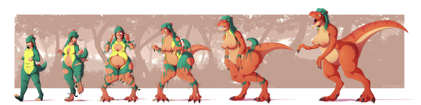 2021 2_fingers 5_fingers absurd_res anthro body_size_growth breast_expansion breasts claws clothing dinosaur expansion eyes_closed female fingers forest growth hat hat_only headgear headgear_only headwear headwear_only hi_res human human_to_anthro koopacap mammal mostly_nude nipples not_furry_wearing_fursuit on_one_leg open_mouth orange_body outside pigeon_toed plant reptile scalie sequence sharp_teeth size_transformation solo species_transformation standing suit_transformation surprise tail_growth teeth theropod thick_thighs torn_clothing transformation tree tyrannosaurid tyrannosaurus tyrannosaurus_rex walking