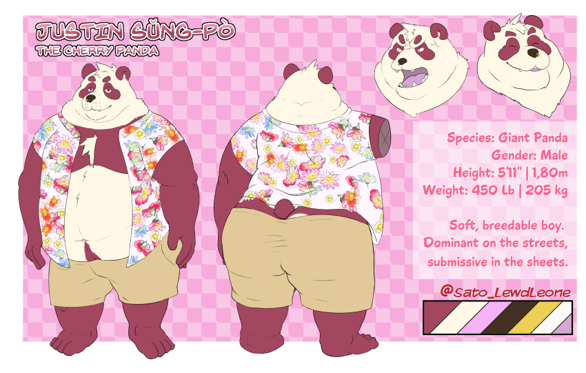 2021 absurd_res anthro belly black_nose bottomwear butt clothed clothing english_text eyes_closed giant_panda hi_res male mammal model_sheet open_clothing open_shirt open_topwear overweight overweight_male sato_afroleone shirt shorts solo text topwear ursid