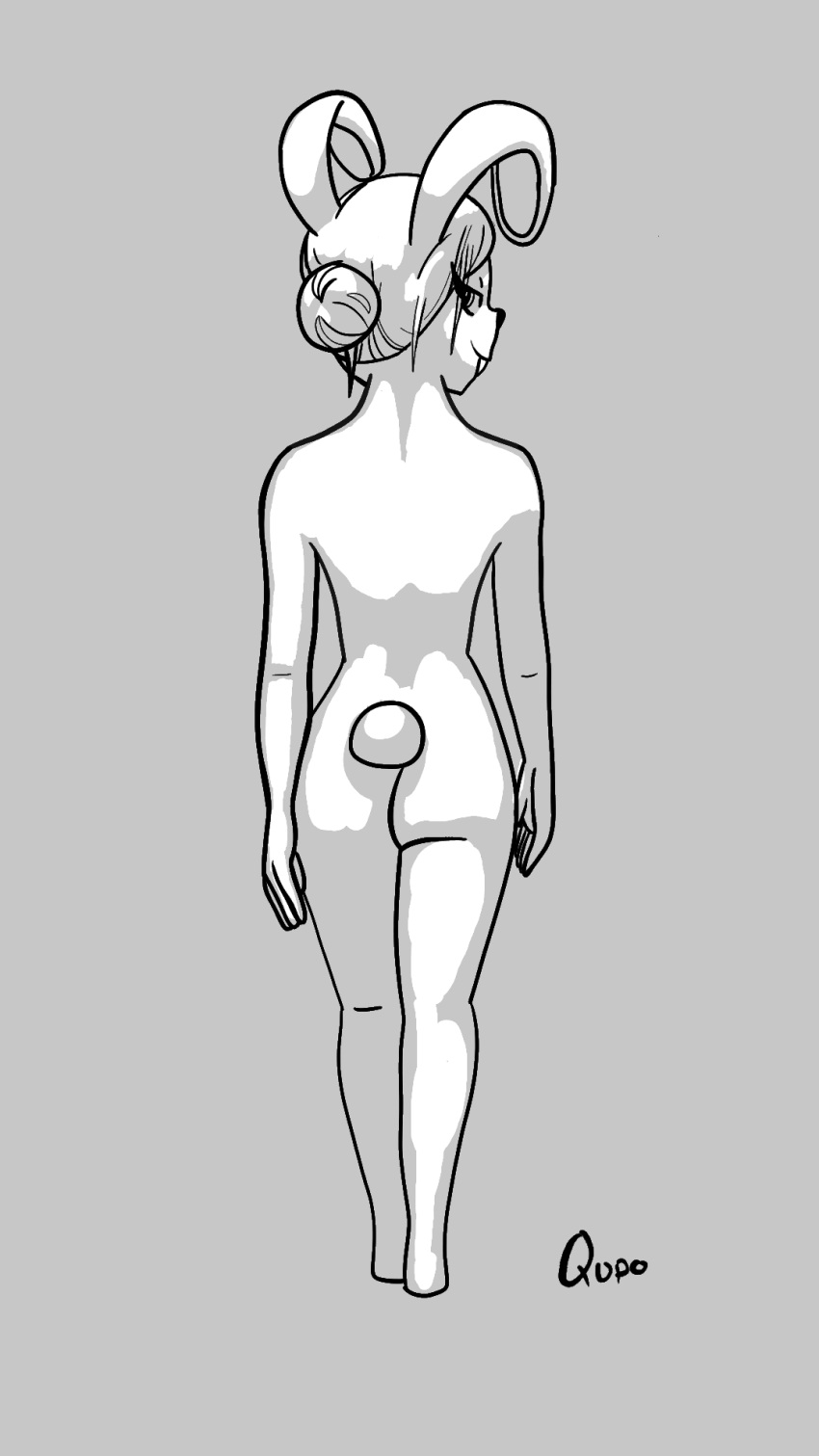 9:16 animated anthro biped butt female frame_by_frame hair hi_res humanoid_hands lagomorph leporid long_ears looking_at_viewer looking_back looking_back_at_viewer mammal monochrome nude qupostuv35 rabbit rear_view short_playtime simple_background walking