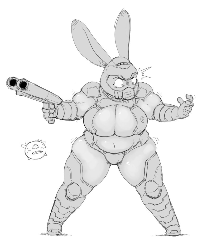 2021 armor breasts crossgender daisy_(doom) doom_(series) doom_guy duo female gun hi_res holding_gun holding_object holding_weapon id_software implied_transformation lagomorph leporid long_ears mammal monochrome mtf_crossgender rabbit ranged_weapon simple_background solo_focus standing subakitsu surprise video_games weapon white_background wide_hips