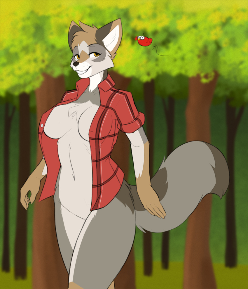 2020 anthro avian bird breasts canid canine canis checkered_clothing checkered_shirt checkered_topwear cleavage clothed clothing coyote detailed detailed_background digital_drawing_(artwork) digital_media_(artwork) female forest fur hair hexteknik hi_res mammal manzanita mostly_nude multicolored_body multicolored_fur multicolored_tail outside pattern_clothing pattern_shirt pattern_topwear plant shirt smile solo topwear tree walking yellow_eyes