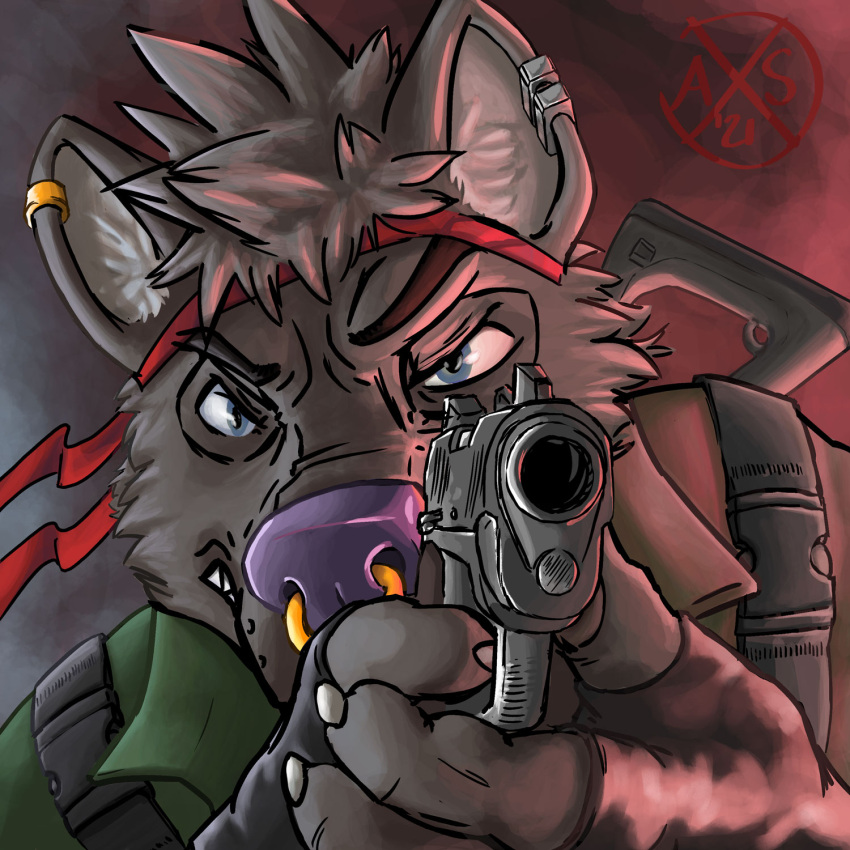 1:1 accessory alphasabre angry anthro canid canine canis claws clothed clothing ear_piercing facial_piercing fur gloves grey_body grey_fur gun handgun handwear headband hi_res looking_at_viewer male mammal military military_jacket nose_piercing nose_ring piercing pistol ranged_weapon rifle sabre_(sabrethewolf) solo weapon wolf