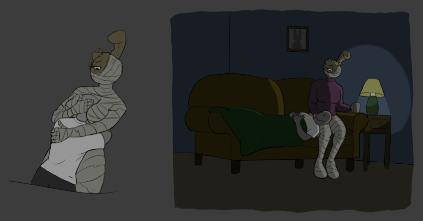 2021 anthro april_marchand_may_(roommates) bandage bedding bertofdirt blanket clothing cuddling cup duo faceless_character faceless_male female five_nights_at_freddy's furniture head_on_lap hi_res hug human lagomorph larger_female leporid long_ears male male/female mammal mature_female on_lap rabbit romantic roommates:motha scar sitting size_difference sofa sweater topwear video_games wounded