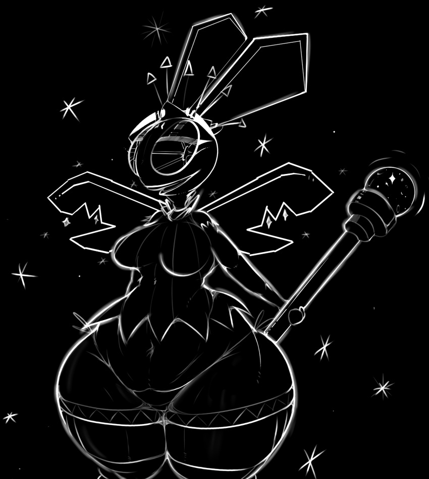 2020 anthro black_background breasts clothed clothing crown digital_media_(artwork) eyebrows eyelashes female hi_res lagomorph legwear lepidopteran_wings leporid long_ears magic mammal monochrome navel open_mouth partially_clothed ponk queen rabbit raised_eyebrows royalty simple_background smile solo sparkles spread_wings staff star thick_thighs thigh_highs topwear vib-ribbon vibri video_games wide_hips wings