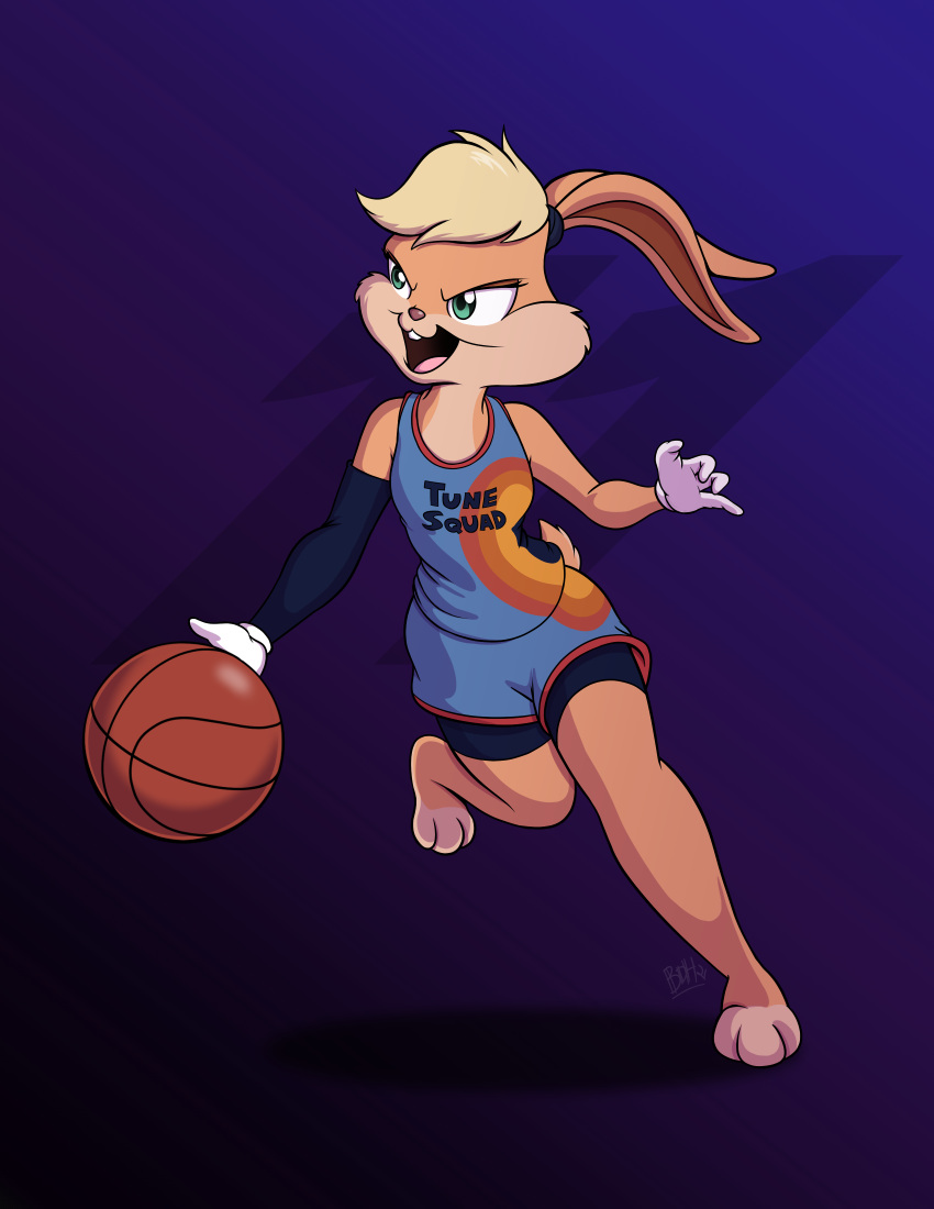 2021 3_toes 4_fingers absurd_res anthro ball basketball basketball_(ball) basketball_uniform blonde_hair blue_bottomwear blue_clothing blue_shirt blue_shorts blue_topwear bottomwear clothed clothing feet female fingers fur gloves gradient_background green_eyes hair handwear hi_res lagomorph leporid lola_bunny long_ears looney_tunes mammal open_mouth rabbit scut_tail shirt shorts simple_background solo space_jam space_jam:_a_new_legacy sportswear sycotei-b tan_body tan_fur tank_top toes topwear uniform warner_brothers white_clothing white_gloves white_handwear