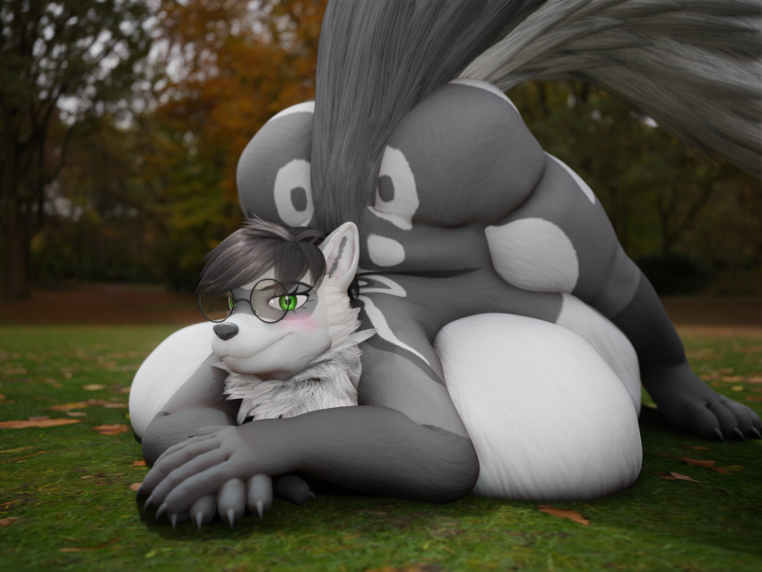 3d_(artwork) 4:3 anthro autumn big_breasts big_butt blush breasts butt digital_media_(artwork) domestic_ferret female fur grass green_eyes hi_res huge_breasts jack-o'_pose leaf mammal mustela mustelid musteline nude obese overweight overweight_female plant pose revy revy_(rickytea) rickytea solo stuffed_belly tree true_musteline
