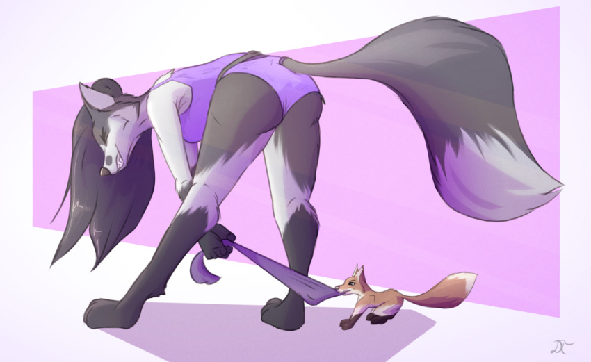 abstract_background anthro barefoot bent_over bent_over_with_legs_held_straight big_butt biped blue_eyes bottomwear breasts butt camisole canid canine clothed clothing countershade_face countershade_legs countershade_tail countershade_torso countershading digitigrade dipstick_tail dreamtanker duo eyes_closed facial_markings fangs feet female feral fluffy fluffy_tail fox fur gloves_(marking) grey_(dreamtanker) grey_body grey_fur grey_hair hair head_markings hindpaw holding_clothing holding_object leg_markings long_hair looking_back mammal markings mostly_clothed multicolored_body multicolored_fur multicolored_tail object_in_mouth orange_body orange_fur panties paws pet pink_background pink_bottomwear pink_clothing pinup pose purple_camisole purple_clothing purple_panties purple_underwear quadruped raised_tail rear_view red_nose side_boob simple_background smile socks_(marking) solo standing straight_legs tail_tuft teeth text tuft tug_of_war two_tone_tail underwear underwear_only white_background wide_stance yellow_body yellow_fur