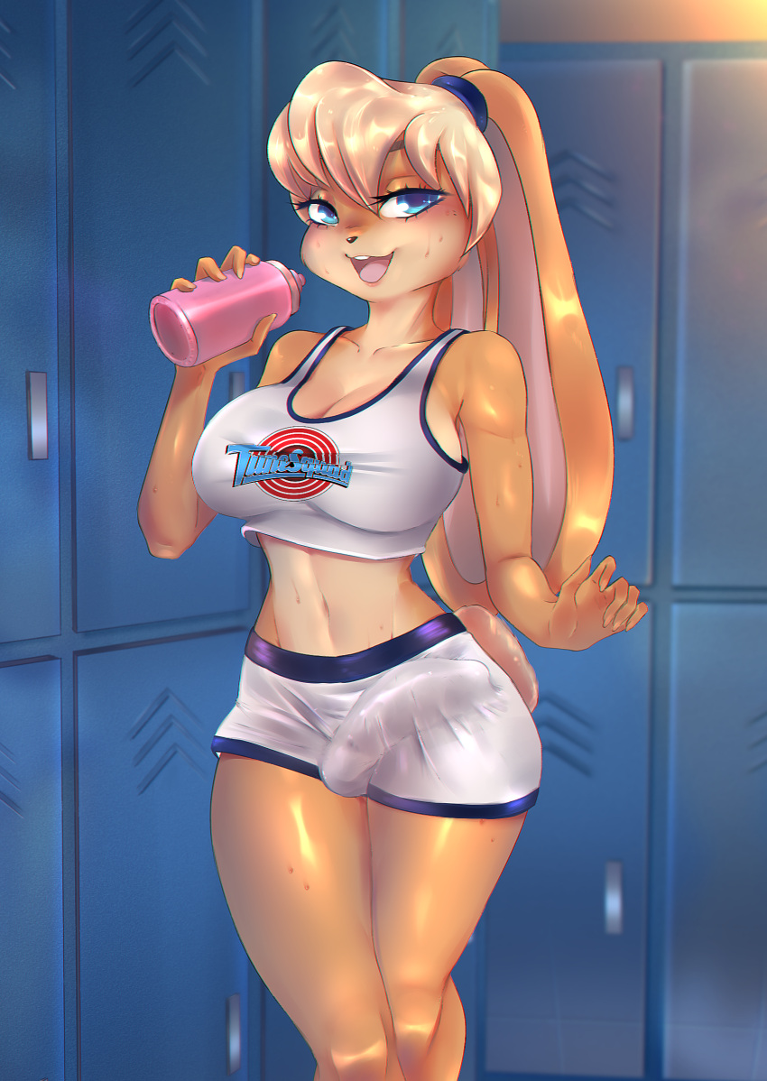 absurd_res anthro balls_in_underwear balls_outline basketball basketball_uniform bedroom_eyes belly big_breasts blonde_hair blue_eyes bodily_fluids bottle bottled_water breasts bulge cleavage clothed clothing english_text erection fluffy fluffy_tail fur genital_outline gynomorph hair hi_res intersex kiwanoni lagomorph leporid locker locker_room lola_bunny long_ears looney_tunes mammal narrowed_eyes navel open_mouth penis_outline public rabbit seductive shirt smile solo space_jam sport sportswear sweat sweatdrop tank_top teeth text text_on_clothing text_on_shirt text_on_tank_top text_on_topwear tongue topwear uniform warner_brothers wet white_body white_fur