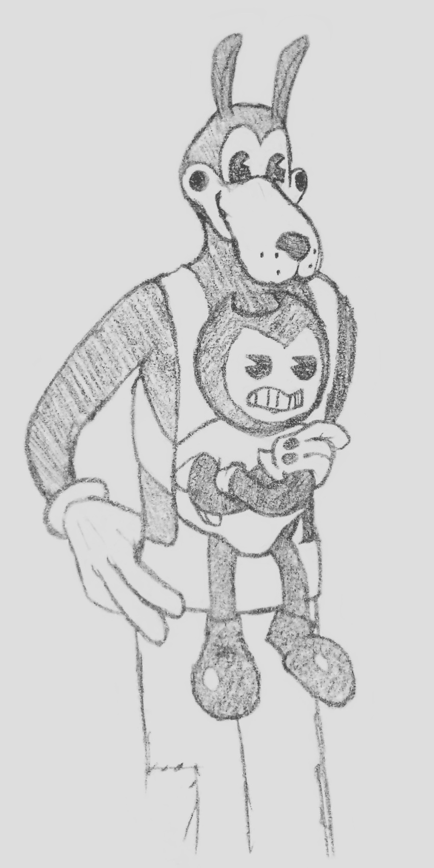 1:2 2017 2_horns 4_fingers absurd_res alternate_version_at_source ambiguous_gender anthro baby_carrier bald baring_teeth bendy_and_the_ink_machine bendy_the_dancing_demon biped boris_the_friendly_wolf bottomwear canid canine canis carrying_partner cheek_spots clothed clothing crossed_arms dark_body dark_fur dark_nose dark_shoes demon demon_humanoid duo fingers flat_colors fleischer_style_toon footwear frown fur gloves graphite_(artwork) greyscale hand_on_hip handwear head_horn hi_res horn horned_humanoid humanoid humanoid_hands larger_anthro larger_male light_clothing light_gloves light_handwear male male_(lore) mammal monochrome narrowed_eyes noseless pants pencil_(artwork) pie_cut_eyes plantigrade scowl shoes simple_background size_difference smaller_ambiguous smaller_humanoid smile snout standing suspenders tabbyseraph teeth three-quarter_view toony topless traditional_media_(artwork) video_games whisker_spots white_background white_clothing white_gloves white_handwear wolf