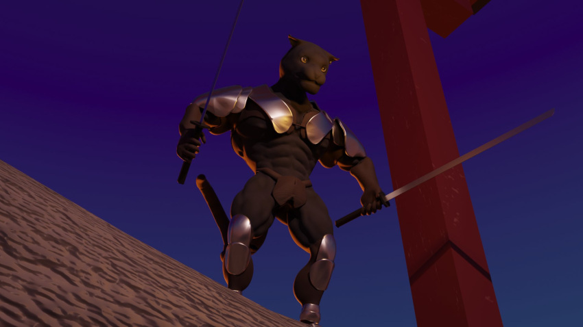 16:9 3d_(artwork) abs anthro armor armwear biceps big_muscles black_body black_nipples black_tail brown_clothing brown_gloves brown_handwear clothed clothing digital_media_(artwork) dual_wielding ear_piercing felid footwear fur gloves handwear hi_res holding_object holding_weapon looking_forward male male/male mammal manly melee_weapon mindorbody monotone_tail muscular muscular_anthro muscular_male nipples pantherine pecs piercing quads sky solo sword thong underwear weapon widescreen