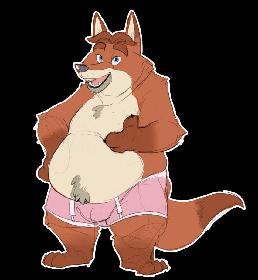 2018 anthro baron_puddin_paws belly black_background black_nose bulge canid canine clothing disney fox gideon_grey hi_res humanoid_hands male mammal overweight overweight_male simple_background solo underwear zootopia