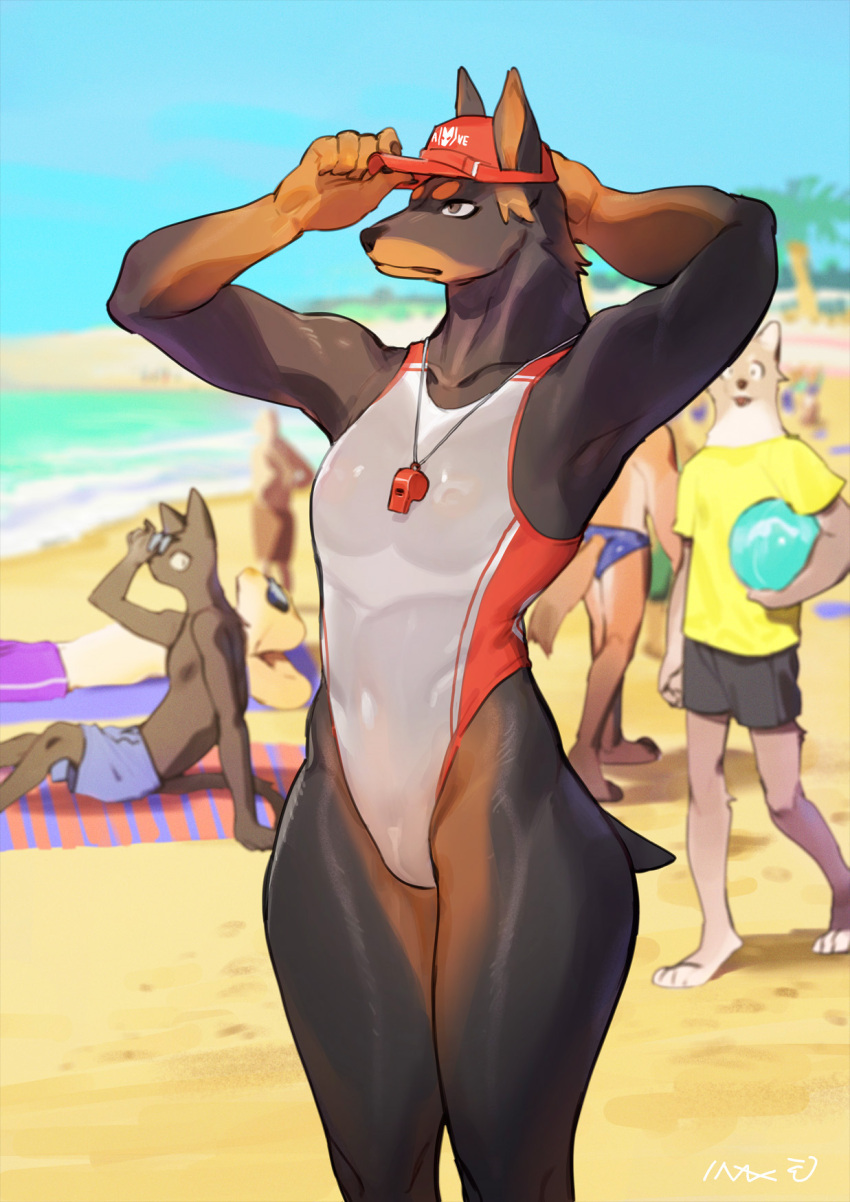 2021 anthro athletic athletic_female beach bebebebebe black_body black_fur breasts brown_body brown_fur camel_toe canid canine canis clothing detailed_background dobermann domestic_dog female flat_chested fur genitals grey_eyes hat headgear headwear hi_res ineffective_clothing lifeguard mammal multicolored_body multicolored_fur nipple_outline nipples one-piece_swimsuit outside pinscher portrait pussy sea seaside small_breasts solo standing swimwear text text_on_clothing text_on_hat text_on_headwear three-quarter_portrait translucent translucent_clothing translucent_swimwear two_tone_body two_tone_fur water whistle