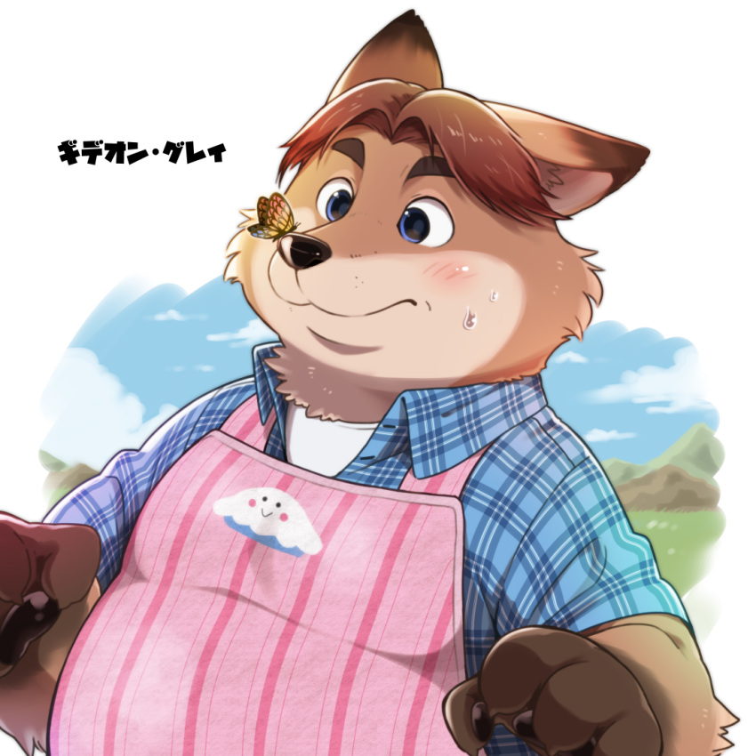 1:1 2016 anthro apron belly blush bodily_fluids canid canine clothing disney fox gideon_grey hinami kemono male mammal overweight overweight_male shirt solo sweat topwear zootopia