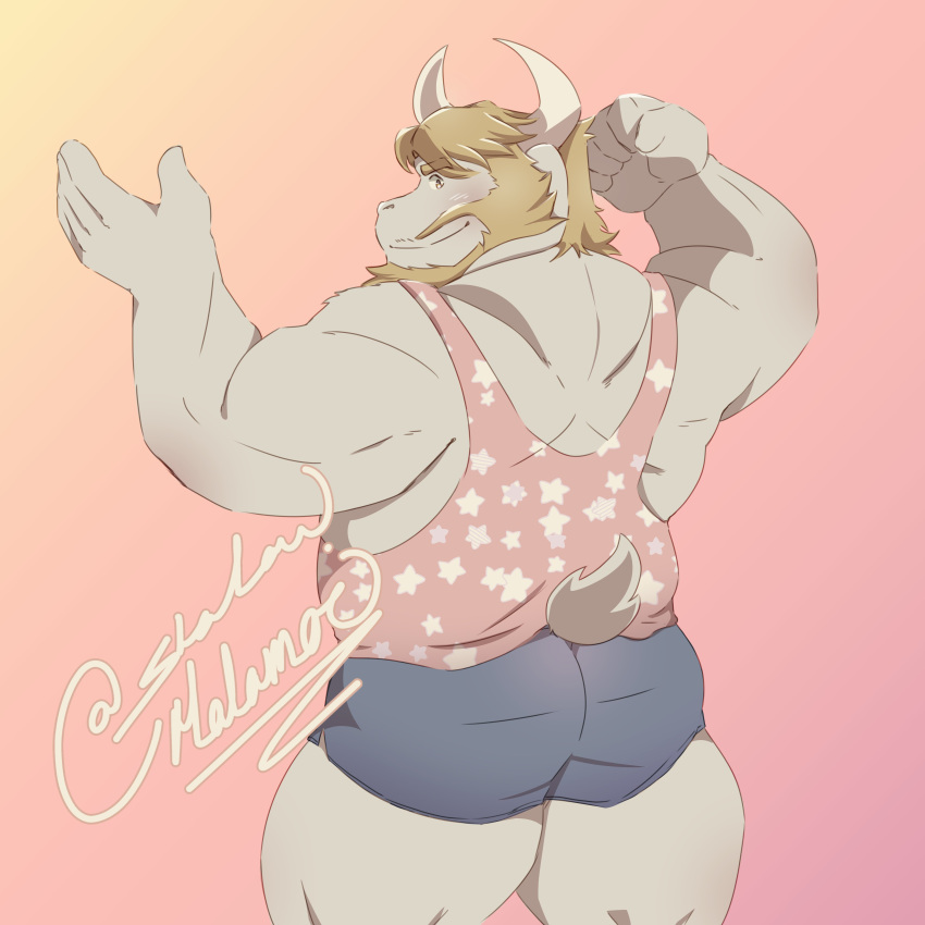 1:1 2021 absurd_res anthro asgore_dreemurr back_muscles beard big_muscles boss_monster bottomwear bovid butt caprine clothed clothing eyebrows facial_hair goat hair hi_res horn hotpants looking_back male mammal muscular muscular_anthro muscular_male pink_background rear_view shadowmatamori shirt shorts signature simple_background smile solo standing tank_top text topwear undertale url video_games