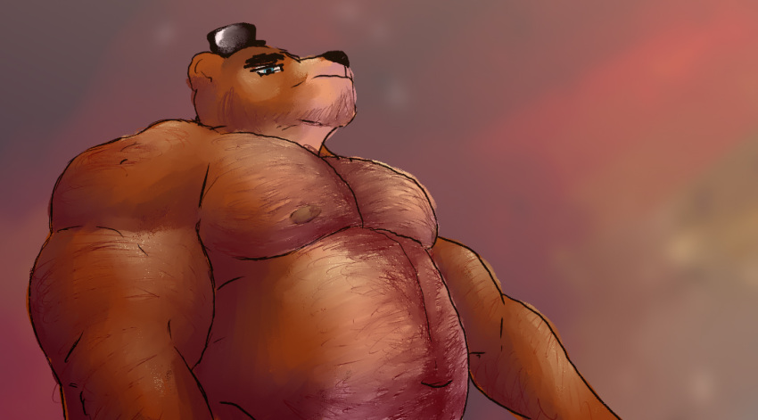 abstract_background anthro beard belly belly_hair biceps body_hair brown_bear brown_body brown_fur chest_hair clothing facial_hair five_nights_at_freddy's freddy_(fnaf) fur grizzly_bear hairy hairy_arms happy_trail hat hat_only headgear headgear_only headwear headwear_only low-angle_view male mammal mostly_nude musclegut muscular muscular_anthro muscular_male navel nipples overweight overweight_anthro overweight_male simonsbathtub solo tan_body tan_fur top_hat ursid ursine video_games