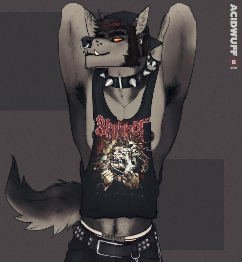 acidwuff anthro armpit_hair belt body_hair bottomwear canid canine canis clothing collar facial_hair facial_piercing hands_behind_head hat headgear headwear hi_res looking_at_viewer male mammal midriff nose_piercing nose_ring pants piercing punk scruffy shirt sideburns slipknot solo spiked_collar spikes tank_top topwear wolf yellow_eyes