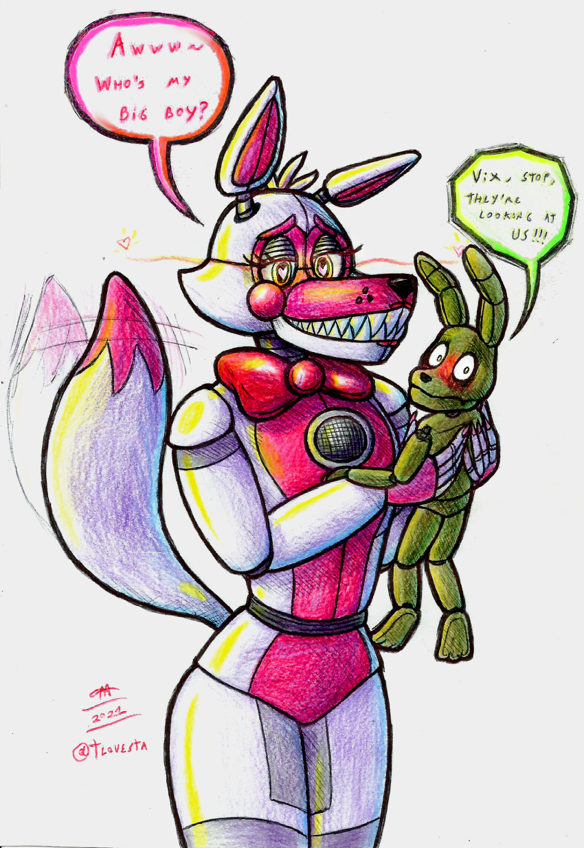 &lt;3 2021 animatronic anthro blush canid canine duo female five_nights_at_freddy's five_nights_at_freddy's_4 fox funtime_foxy_(fnaf) glowing glowing_eyes hi_res jewelry lagomorph leporid long_ears looking_at_viewer machine male male/female mammal necklace plushie plushtrap_(fnaf) rabbit robot size_difference thick_tail thick_thighs tunk_saray_lovesta video_games waving_tail