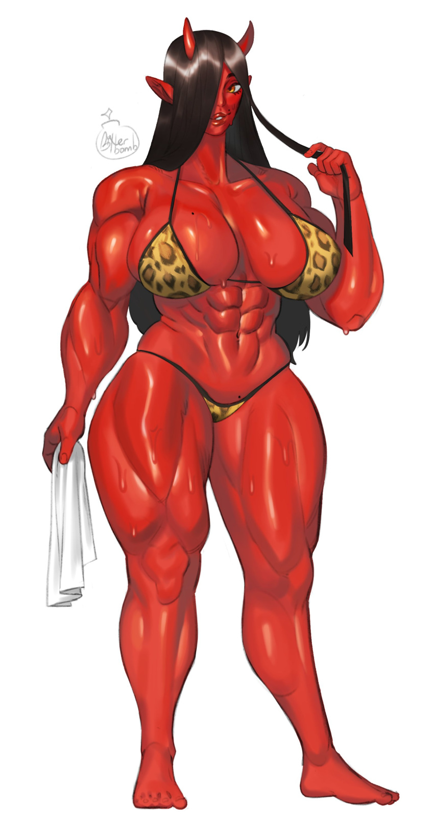 absurd_res animal_print big_breasts bikini black_hair bodily_fluids breasts clothed clothing female hair hi_res horn horned_humanoid humanoid leopard_print muscular muscular_female not_furry red_body simple_background solo sweat sweet_dynamite swimwear white_background