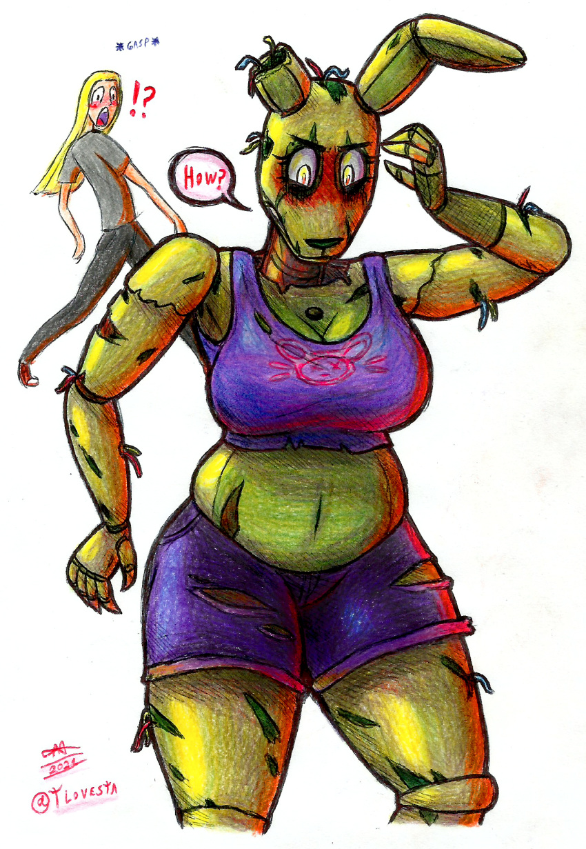 anthro belly blush bottomwear chubby_female claws clothing duo english_text female five_nights_at_freddy's gasp glowing glowing_eyes hi_res human legwear looking_at_another male male/female mammal monsterdongles shorts springtrap_(fnaf) surprised_expression text thick_thighs thigh_highs tunk_saray_lovesta video_games