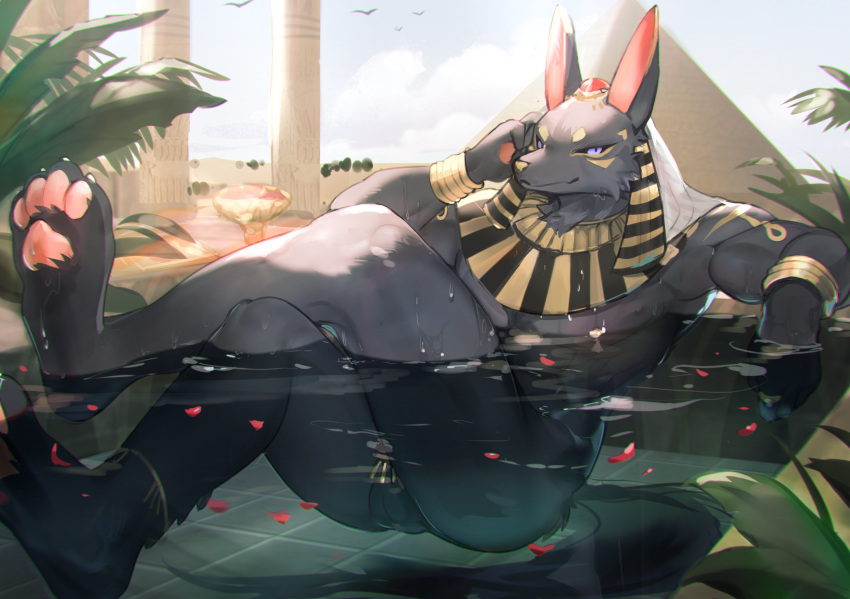 ambient_bird anthro anubian_jackal avian balls biceps bird black_body black_ears black_fur black_sclera black_tail butt canid canine canis claws cloud ears_up egyptian fur genitals group hi_res jackal kiyosan looking_at_viewer male mammal partially_submerged pawpads pink_pawpads pose pyramid sky solo_focus water wet wet_body wet_fur
