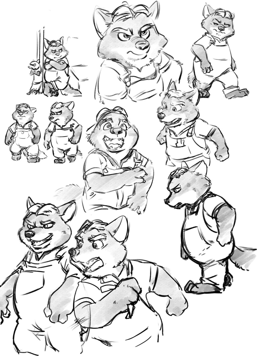 2016 anthro canid canine clothing disney domestic_ferret fox gideon_grey hi_res kemono kumagayasin male mammal monochrome multiple_poses mustela mustelid musteline overalls overweight overweight_male pose simple_background travis_(zootopia) true_musteline white_background young zootopia