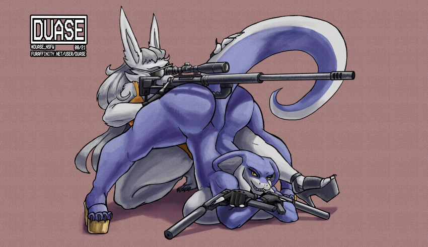 anthro ass_up big_breasts big_butt blue_body breast_squish breasts butt canid canine clothed clothing cobra cobray_(duase) duase duo eyewear female fur gun handgun hi_res high_heels holding_rifle huge_breasts huge_butt jack-o'_pose leotard looking_at_viewer mammal multicolored_body nude pistol platform_footwear platform_heels pose ranged_weapon rasa_(duase) reptile rifle scalie sharp_teeth simple_background smile snake sniper_rifle squish sunglasses teeth text thick_thighs two_tone_body url weapon white_body white_fur