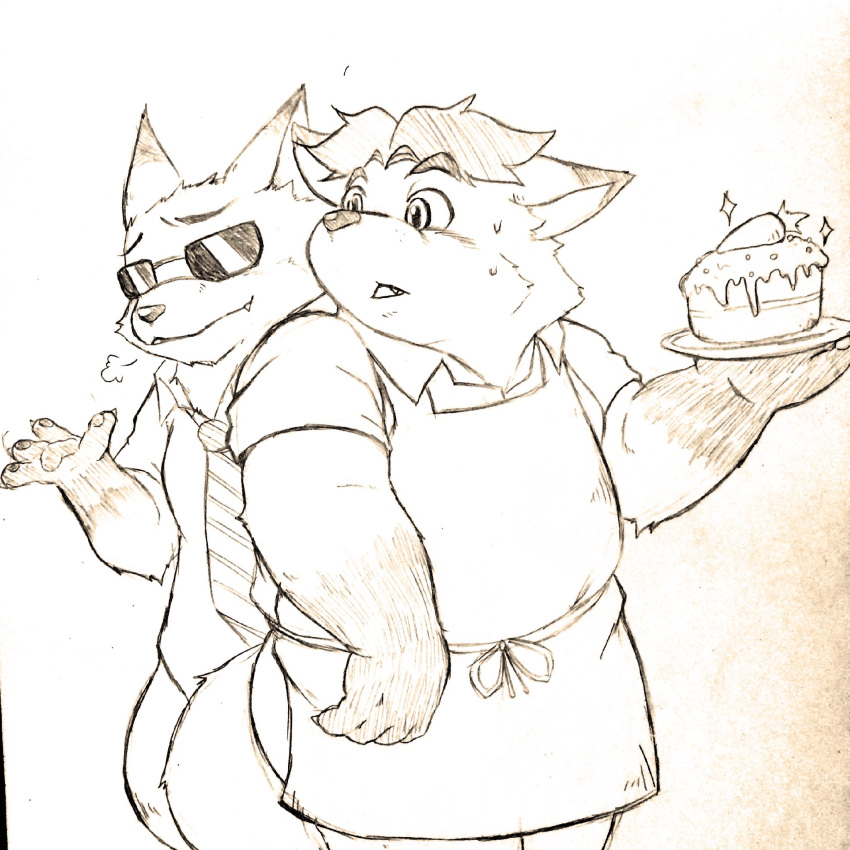 1:1 2016 anthro apron belly bodily_fluids cake canid canine clothing dessert disney duo eyewear food fox gideon_grey hi_res kemono male mammal necktie nick_wilde overweight overweight_male shirt sunglasses sweat topwear ukkaritanuki zootopia